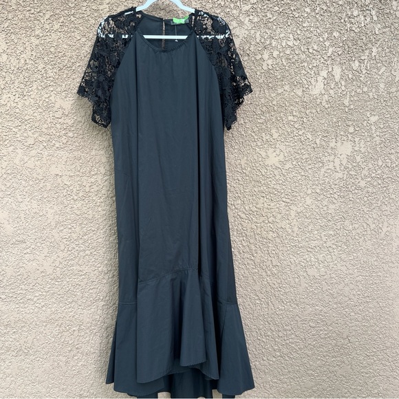 Alembika Elegant Black Maxi Dress Womens Size 14 US Floral Lace Sleeve Whimsical